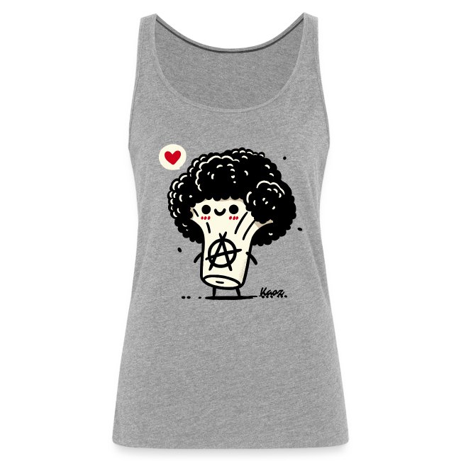 Gray tank top featuring a cheerful cartoon character with curly hair holding an anarchy symbol sign, surrounded by playful hearts.