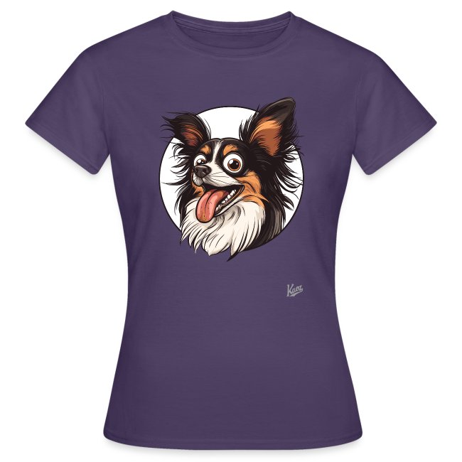Purple women's T-shirt featuring a playful cartoon-style Papillon dog with large expressive eyes and a cheerful expression on a circular white background.