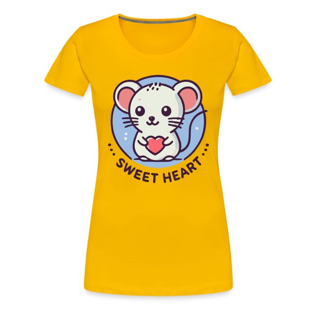 Vibrant yellow T-shirt featuring a playful graphic of a mouse holding a heart and the text 'SWEET HEART,' perfect for casual wear.