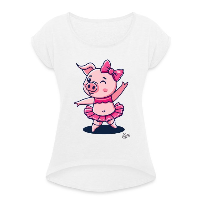 Cute cartoon-style pig character wearing a pink tutu and bow, smiling cheerfully on a white short-sleeved shirt