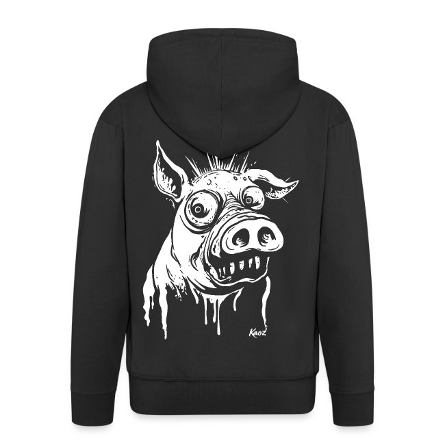 Black hoodie featuring a cartoonish pig's face graphic on the back, showcasing spiky hair, large eyes, and a mischievous grin with white paint drips for an edgy look.
