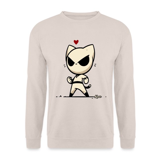 Beige long-sleeve sweatshirt featuring a mischievous cartoon cat character in a white outfit, with a playful red heart above its head.