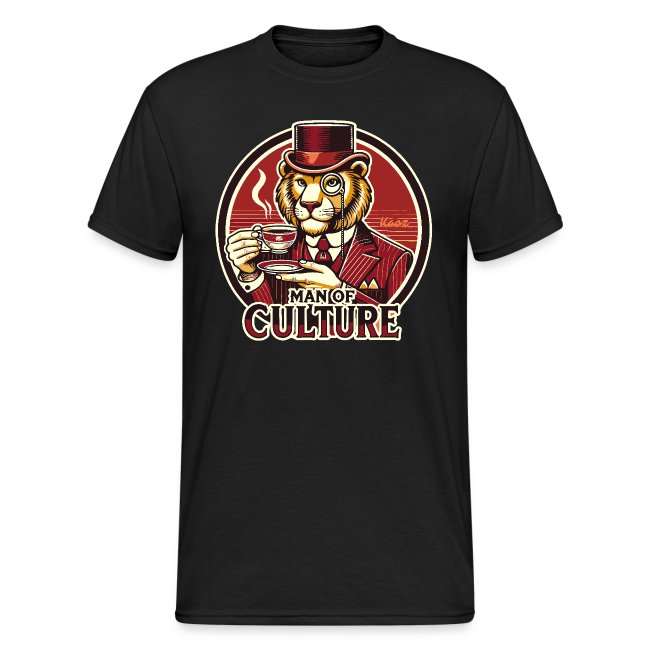 Black t-shirt featuring a whimsical illustration of a lion in a classy suit and top hat, elegantly holding a teacup with steam. Text below reads 'MAN OF CULTURE'.