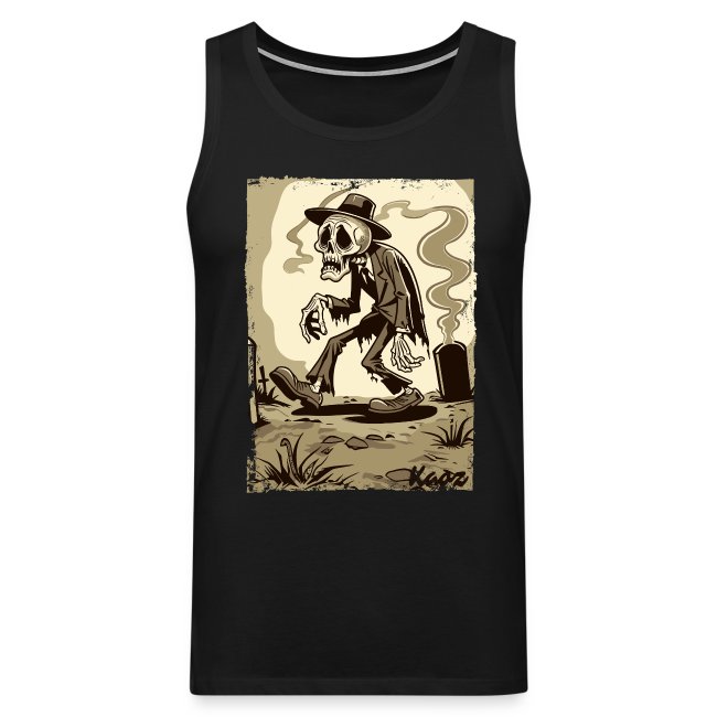 Unique black tank top featuring a cartoon-style skeleton in a blazer and hat, paired with a tombstone backdrop and smoke, showcasing a whimsical and eerie design.