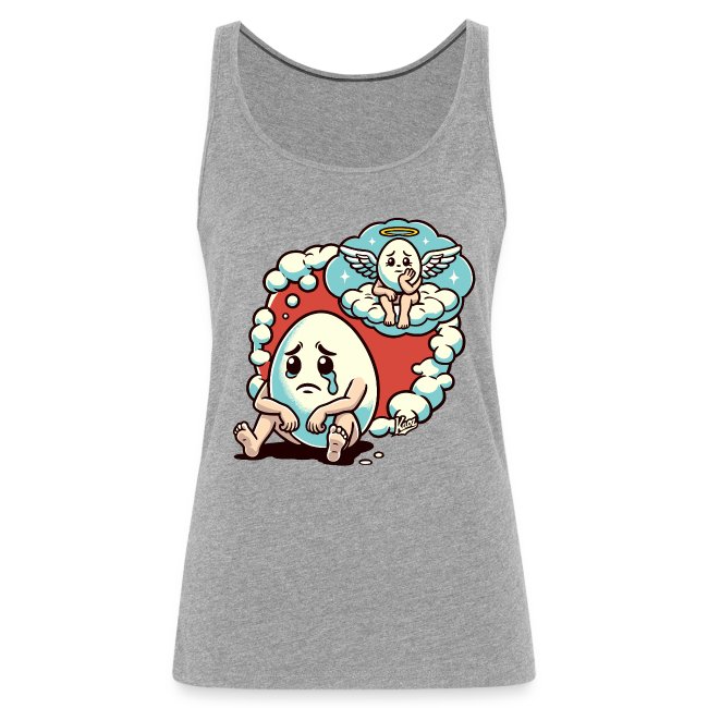 Gray tank top featuring a playful t-shirt design of a sad cartoon egg character with tears, sitting down, alongside a cheerful angel egg with a halo and wings in colorful clouds.