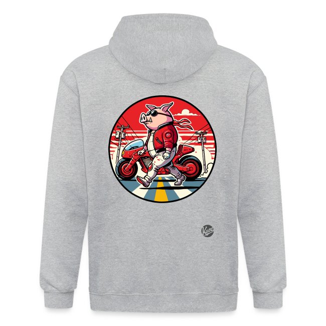 Gray hoodie featuring a colorful illustration of a pig in sunglasses and a leather jacket next to a motorcycle against a bright red sky.