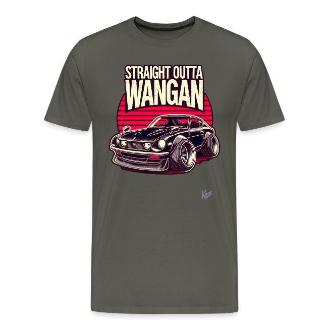Olive green graphic t-shirt featuring a stylized sports car illustration and the text 'STRAIGHT OUTTA WANGAN' set against a white background, perfect for automotive enthusiasts.