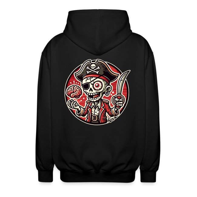 Black hoodie featuring a vibrant design of a playful pirate skeleton with a hat, holding a brain and a cutlass sword against a red circular background.