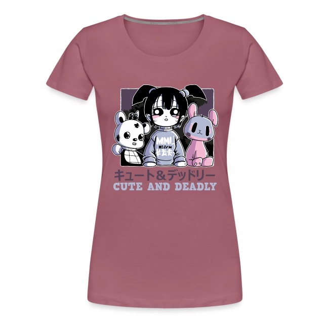 Maroon women's T-shirt featuring an anime-style girl with black pigtails in a gray sweatshirt, surrounded by panda and rabbit plush toys, with the text 'キュート&デッドリー' (Cute and Deadly) in bold below.