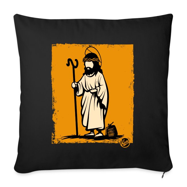 A decorative pillow featuring a shepherd figure in a white robe with a staff against an orange background, set on black fabric, embodying vintage rustic charm.