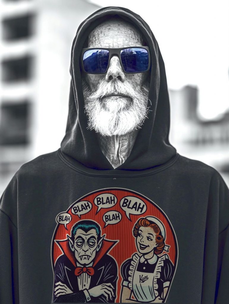 Black-and-white image of an elderly man with a white beard and gray hair wearing dark sunglasses and a colorful graphic hoodie featuring a cartoon vampire and vintage woman with speech bubbles saying 'BLAB BLAB BLAB'.