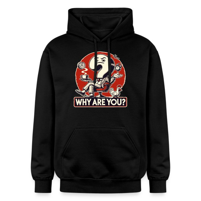 Black hoodie with a unique illustrated design featuring a character with a question mark head and text 'WHY ARE YOU?', perfect for casual wear.