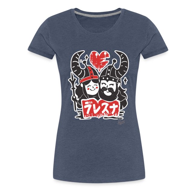 Navy women's t-shirt with colorful design showcasing two cartoon characters in horned helmets, surrounded by a red heart and bold white text 'レズスナ'.