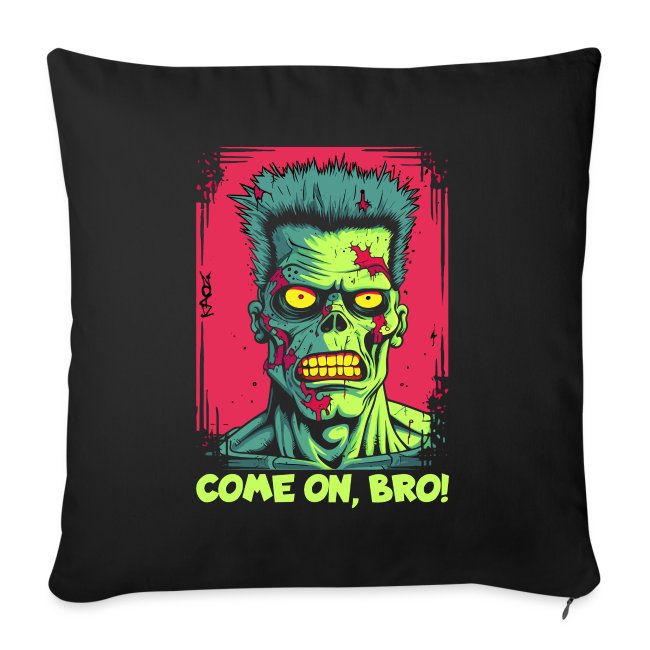 Vibrant T-shirt design featuring a cartoon zombie with glowing yellow eyes and scars against a bold red background, with the text 'COME ON, BRO!' in bright yellow.