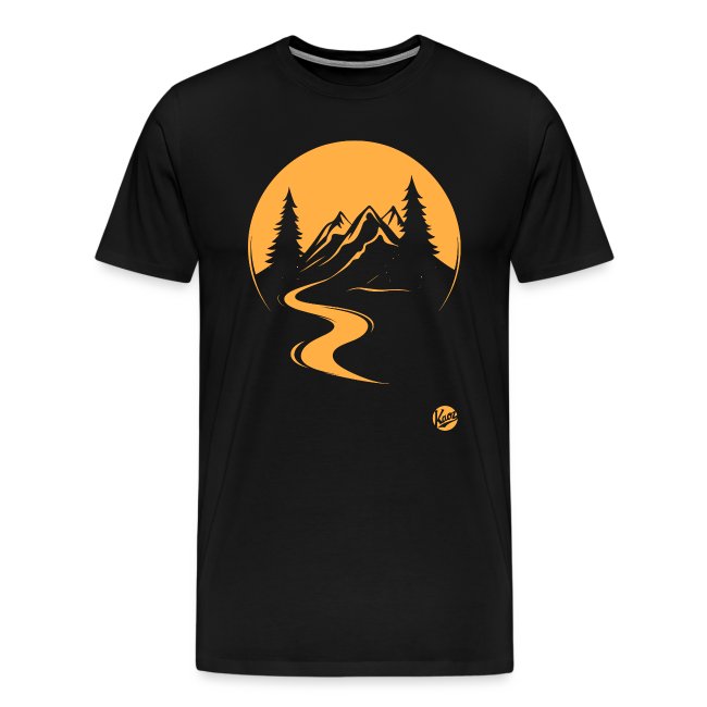 Black T-shirt featuring a striking design of a winding river leading towards mountains against a vibrant orange sunset, framed by silhouette pine trees, perfect for outdoor enthusiasts.