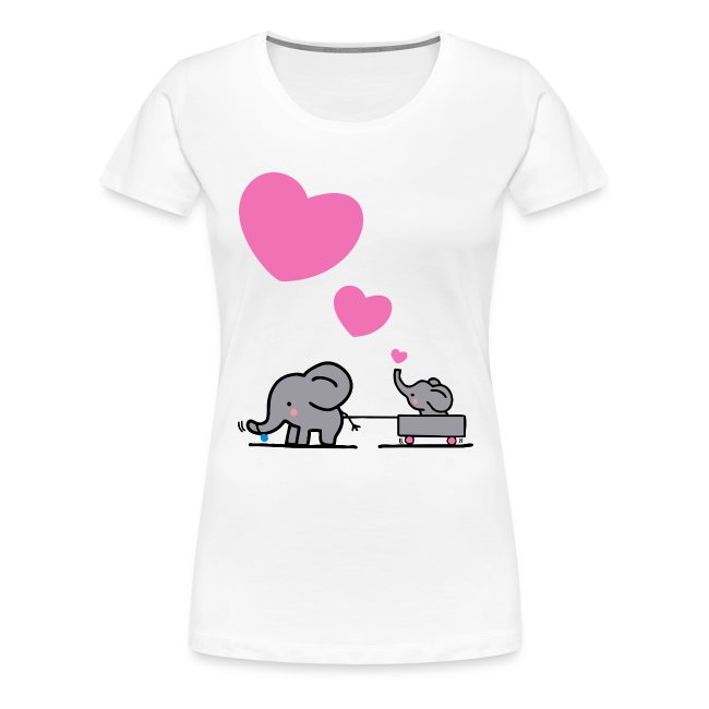 Charming T-shirt design featuring a cute adult elephant pulling a small elephant in a cart, with pink hearts floating above.
