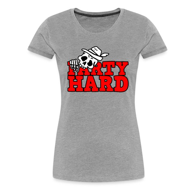 Gray women's fitted T-shirt featuring a playful cartoon skeleton wearing a hat with bold 'PARTY HARD' text in red.