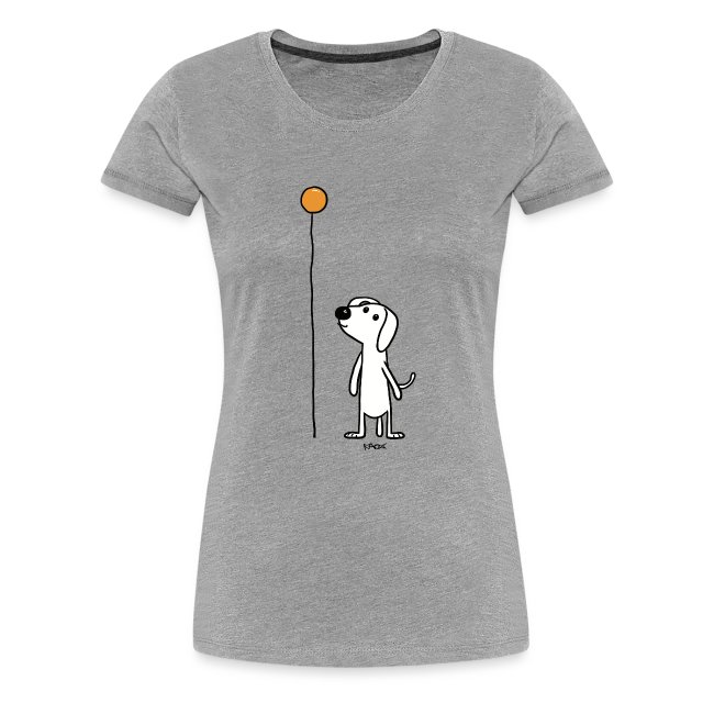 Gray women's casual t-shirt featuring a whimsical illustration of a white cartoon dog looking up at an orange circle.