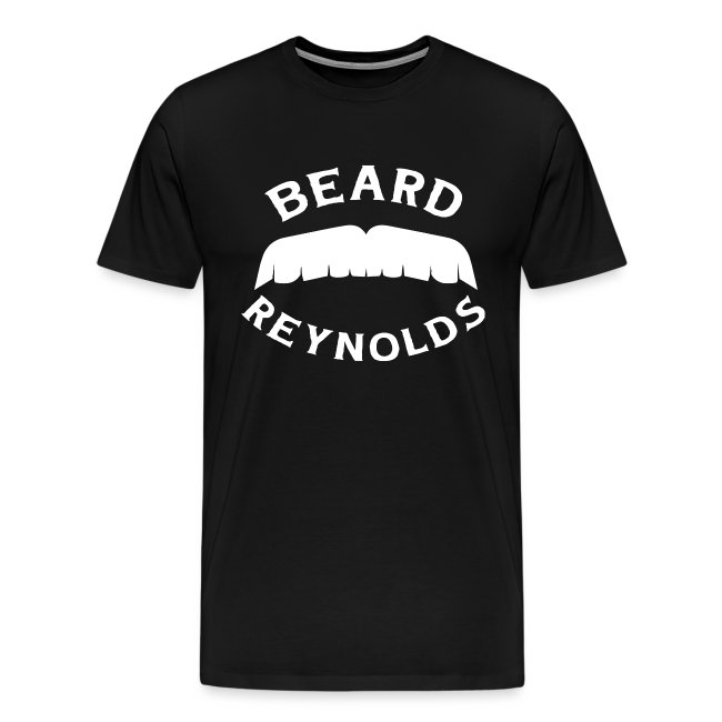 Black t-shirt featuring bold white lettering that reads 'BEARD REYNOLDS' with a mustache graphic above the text, perfect for novelty t-shirt enthusiasts.