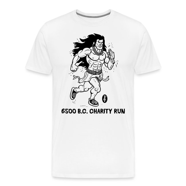 White T-shirt design featuring a dynamic illustration of a muscular figure running, with the words '6500 B.C. CHARITY RUN' in bold black lettering, suitable for charity events and running enthusiasts.
