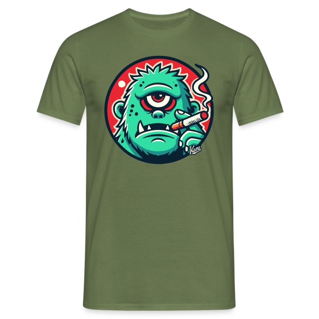 Olive green t-shirt featuring a vibrant graphic of a cartoon monster with a single eye, exaggerated features, and a smoking pipe against a contrasting red and blue background.