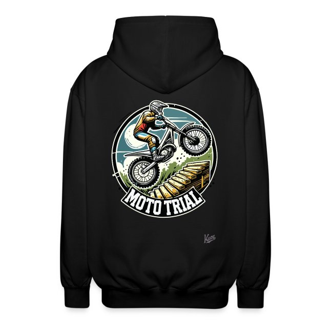 Black hoodie featuring a motocross rider jumping over wooden planks, with 'MOTO TRIAL' text and a nature-inspired circular backdrop.
