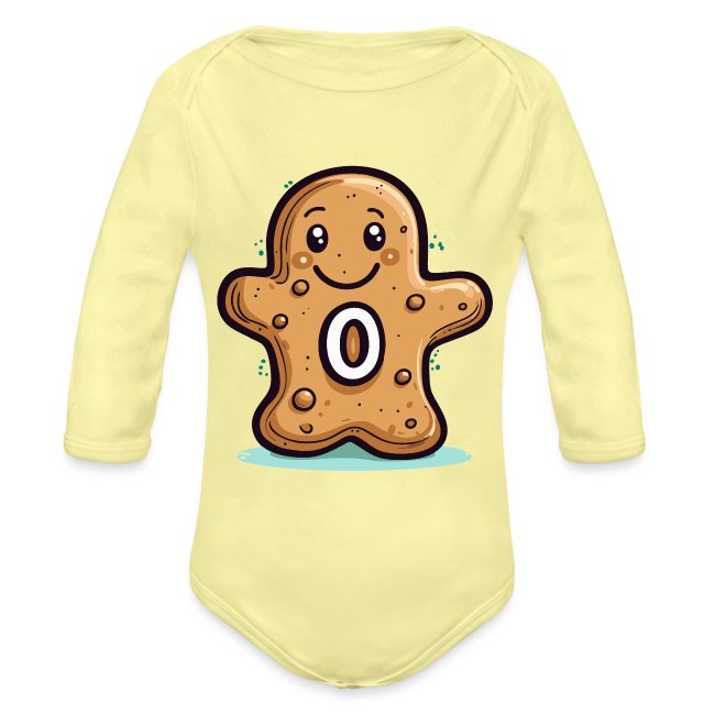 Light yellow baby onesie featuring an adorable cartoon gingerbread man with a smiling face and a big "0" in the center.