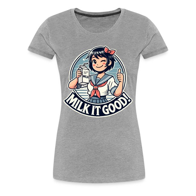 Women's gray T-shirt featuring a whimsical character with dark hair and a red bow, smiling and giving a thumbs-up while holding a milk carton. The design is surrounded by the phrase 'MILK IT GOOD!' in bold font.