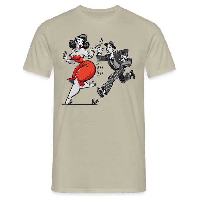 Light tan T-shirt with a vibrant cartoon illustration of a woman in a red dress playfully running, while a surprised man in a black and white striped suit follows her. Ideal for quirky fashion lovers.