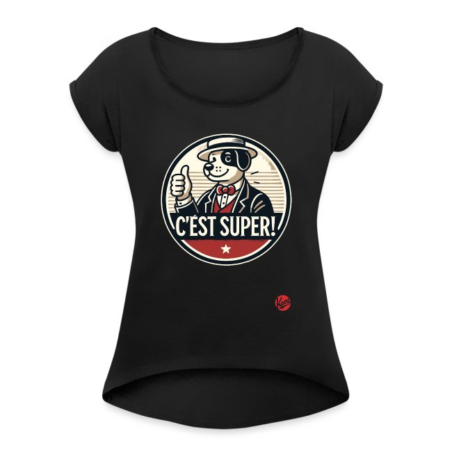 Black t-shirt featuring a vintage cartoon dog in a formal suit and bow tie, giving a thumbs-up with the phrase 'C'est super!' in bold and a red star accent.