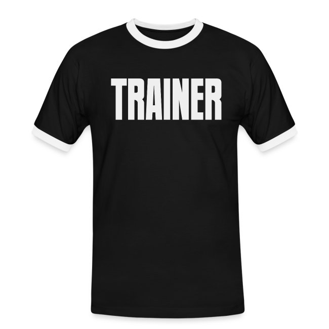 Black t-shirt featuring 'TRAINER' in bold white letters, ideal for trainers and fitness enthusiasts.