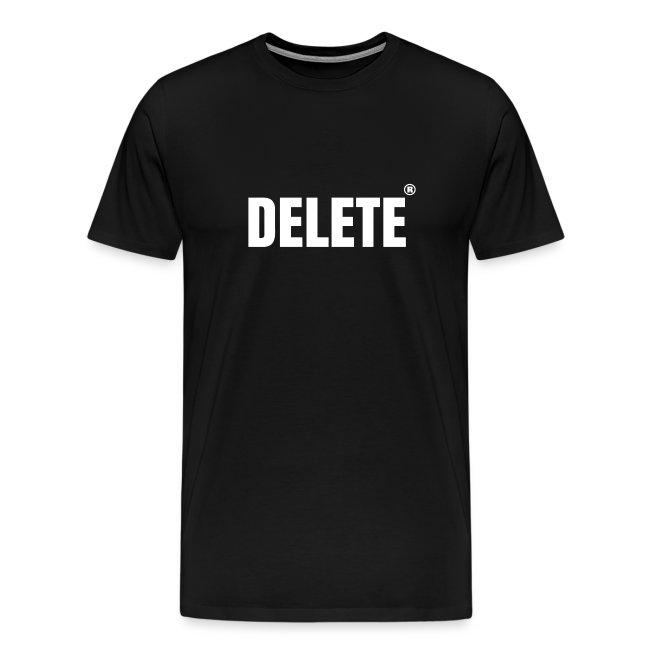 Black T-shirt featuring a minimalist white graphic text that reads 'DELETE', perfect for casual wear and making a statement.