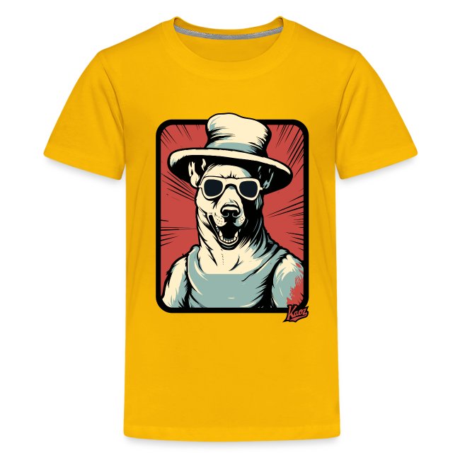 Vibrant yellow t-shirt featuring a humorous graphic design of a dog in sunglasses and a wide-brimmed hat