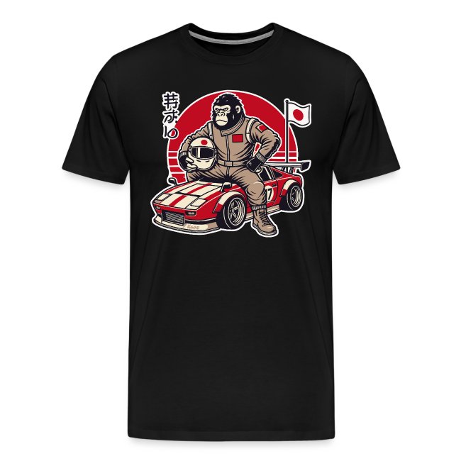 Black T-shirt featuring a colorful design of a cartoon gorilla in a racing suit and helmet, perched on a race car with red and white stripes and a Japanese flag backdrop.