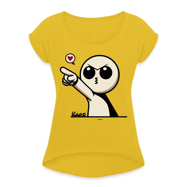 Yellow T-shirt featuring a playful cartoon character with large eyes and a stern expression, blowing a kiss with a small heart.