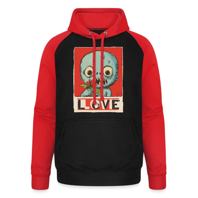 A vibrant hoodie featuring a cartoonish zombie with blue skin and expressive eyes holding flowers, set against a bold red background with 'LOVE' text.