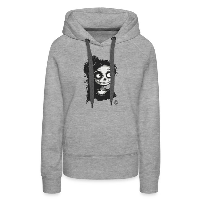 Gray hooded sweatshirt featuring a unique character design with long dark hair and a skull face, perfect for casual wear