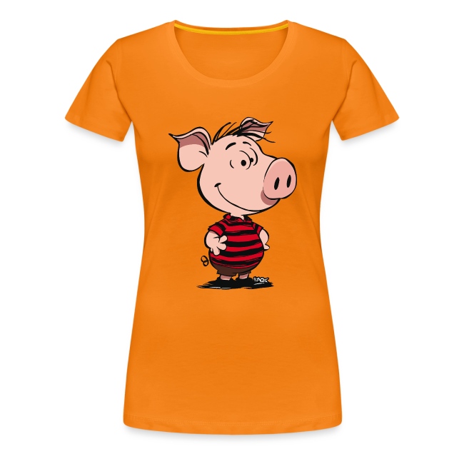 Bright orange women's t-shirt featuring a cheerful cartoon pig in a red and black striped shirt, perfect for casual wear.