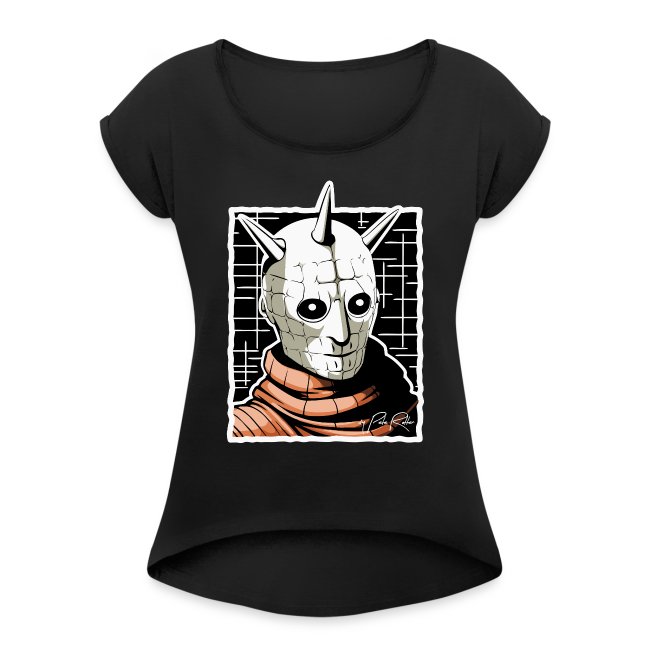 A black T-shirt featuring a detailed illustration of a humanoid figure with a cracked horned mask, eerie black eyes, and an orange scarf against a sci-fi grid background.