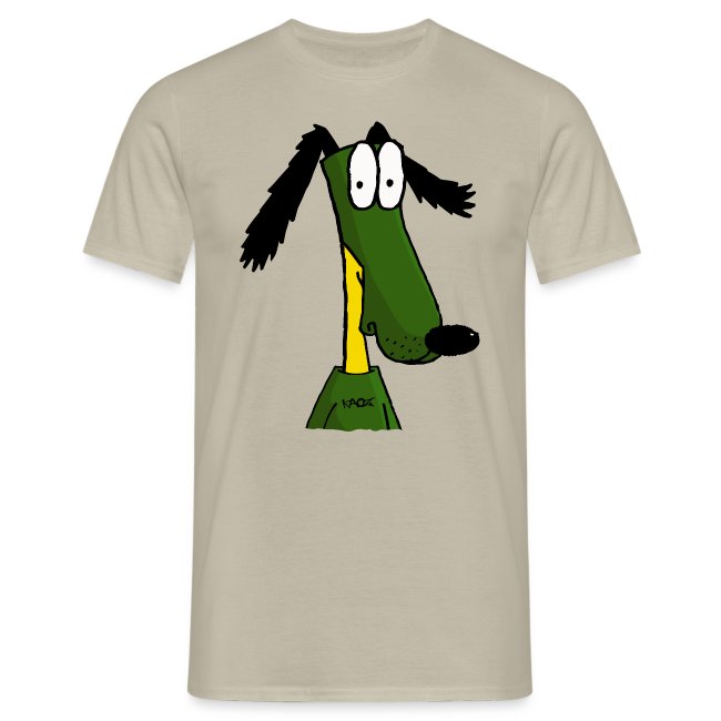 Beige t-shirt featuring a cartoon illustration of a playful green dog with large eyes and black ears