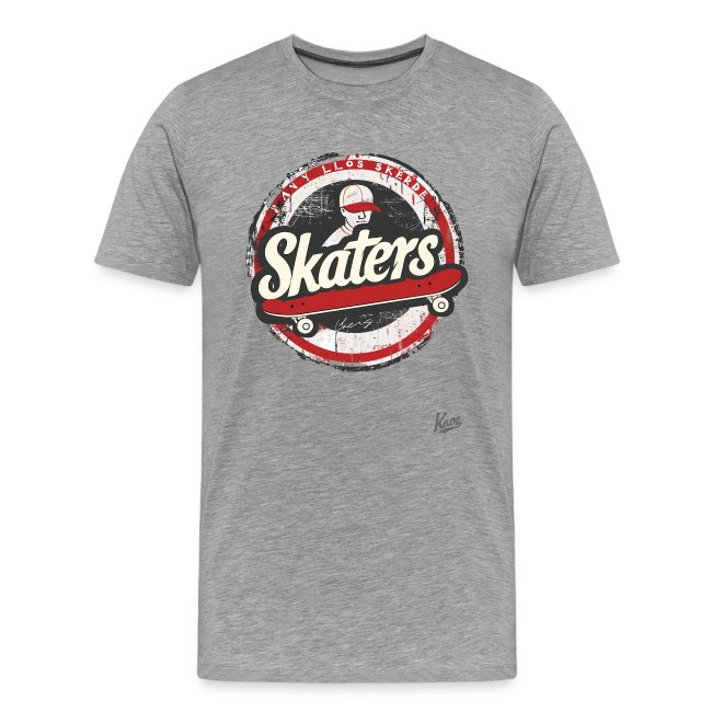 Gray T-shirt featuring a bold retro design with the word 'Skaters' and an illustration of a skateboarder, ideal for skateboarding enthusiasts.