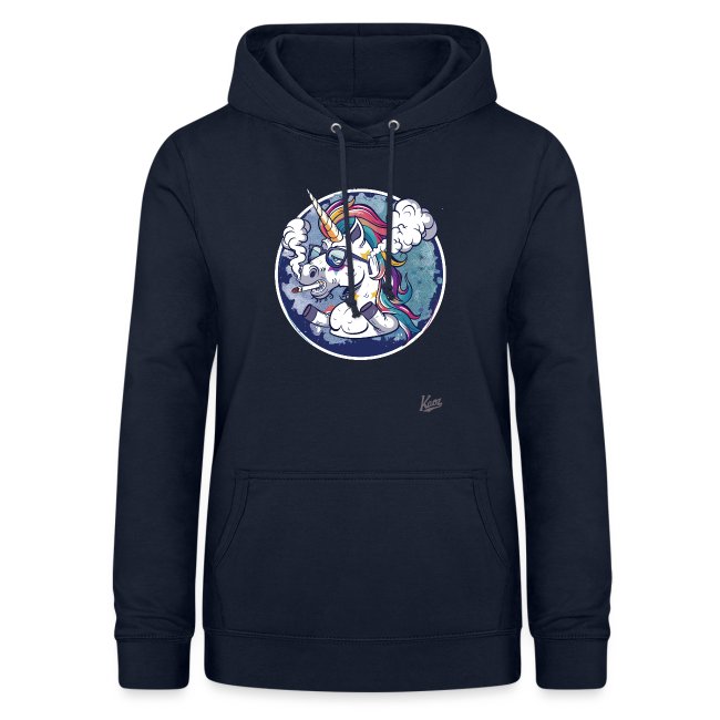 Front view of a dark navy hoodie featuring a whimsical illustration of a unicorn with a colorful pink, yellow, and blue mane, surrounded by clouds and a circular design, perfect for fantasy lovers.