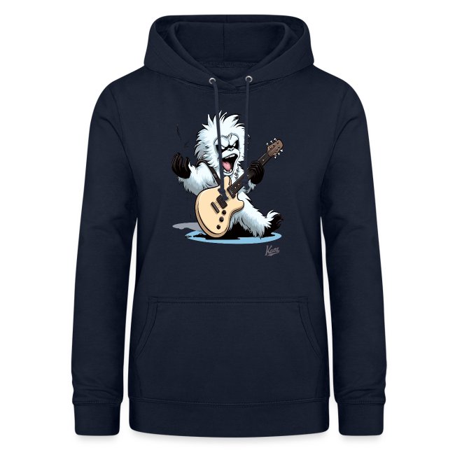 Navy blue hoodie featuring a colorful graphic design of a cartoon yeti character playing an electric guitar, perfect for music lovers.