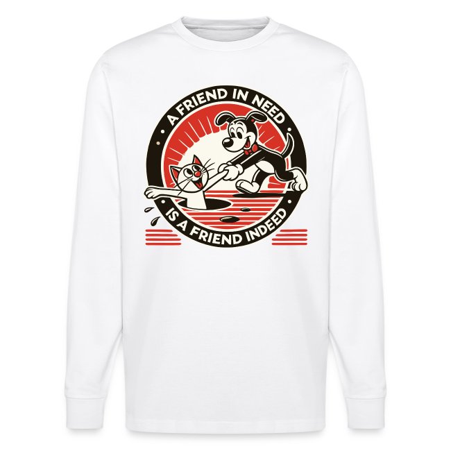 A white organic stanley stella long-sleeve shirt featuring a retro-style cartoon of a dog helping a cat out of water, with the phrase "A Friend in Need is a Friend Indeed."