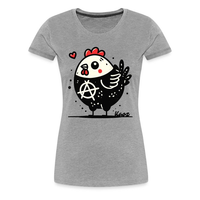 Gray women's t-shirt featuring a playful cartoon chicken design with a black body, white face, red comb, and heart, showcasing an anarchy symbol.