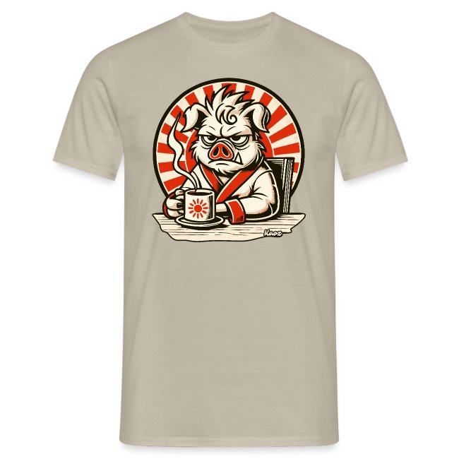 Light beige t-shirt featuring a graphic of an anthropomorphic pig in a red and white robe, sitting at a table with a coffee cup, against a stylized red and white sunburst pattern.