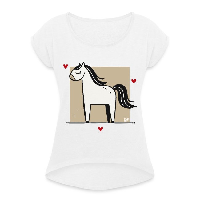 Stylized graphic of a white horse with black hair and a cheeky expression on a loose-fit white short-sleeved t-shirt, surrounded by red hearts on a beige background.