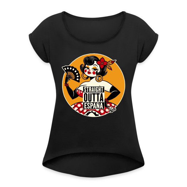 Black t-shirt showcasing a woman character holding a fan with floral hair adornment, wearing a polka dot traditional outfit against a bright orange circle, featuring the text 'STRAIGHT OUTTA ESPANA'.