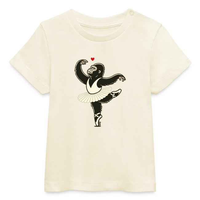 Light cream T-shirt with a playful graphic of a dancing gorilla in a white tutu, performing ballet with a raised leg and an extended arm, accompanied by a small red heart.