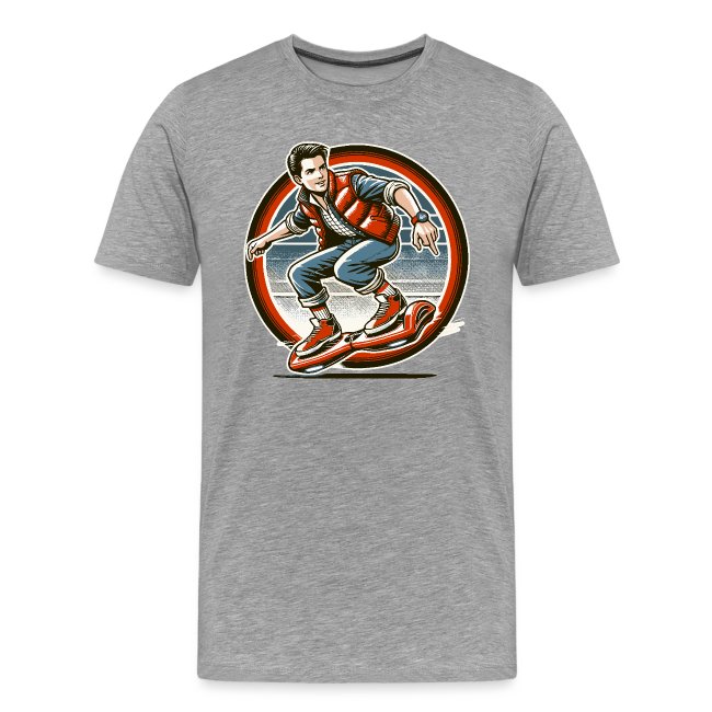 Artistic gray T-shirt design featuring a retro-style character riding a hoverboard, wearing a red and blue outfit with a dynamic red and white background.